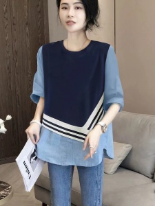 RM3415#假两件半袖时尚衬衫女洋气韩版小众减龄显瘦小衫 新款欧货