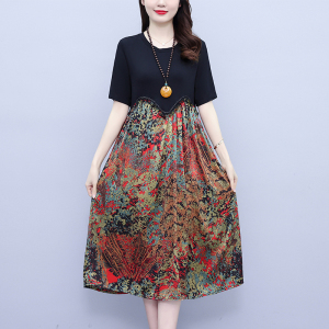 RM5076#大码连衣裙2023夏季新款拼接大摆宽松洋气妈妈装印花裙子配项链