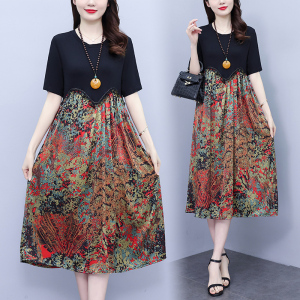 RM5076#大码连衣裙2023夏季新款拼接大摆宽松洋气妈妈装印花裙子配项链