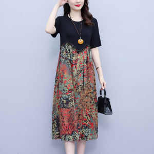 RM5076#大码连衣裙2023夏季新款拼接大摆宽松洋气妈妈装印花裙子配项链