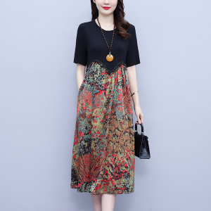 RM5076#大码连衣裙2023夏季新款拼接大摆宽松洋气妈妈装印花裙子配项链