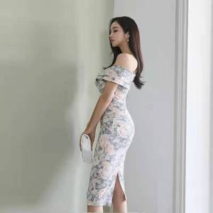 RM3965#韩版时尚气质修身一字肩性感印花中长款包臀连衣裙