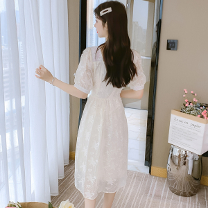 RM4393#刺绣新款短袖甜美淑女荷叶边裙泡泡袖纯色连衣裙