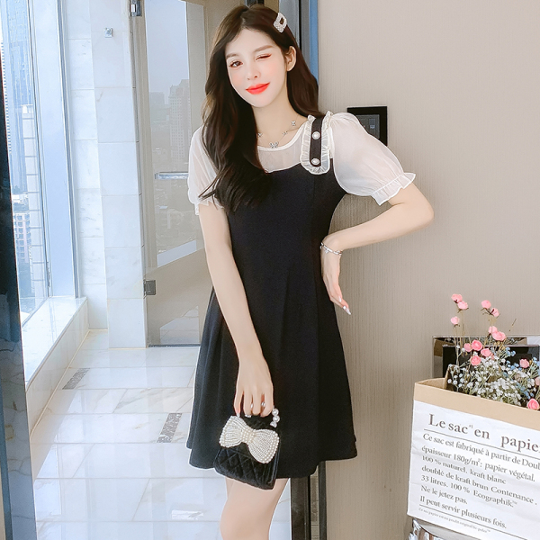 RM4340#短袖新款假两件套短裙简约韩版休闲甜美淑女夏季连衣裙