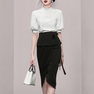 RM4560#小香风气质两件套波点上衣T恤黑色裙子套装女