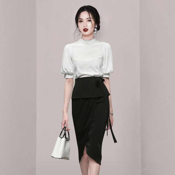 RM4560#小香风气质两件套波点上衣T恤黑色裙子套装女