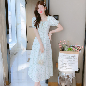 RM9416#夏季方领泡泡袖清新气质简约大方绿碎花设计感连衣裙