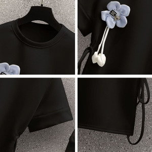 TR17523# 大码女装夏季新款不规则短袖T恤设计感立体花朵百搭上衣 服装批发女装服饰货源