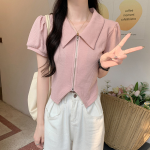 RM2722#华夫格棉T恤女短袖2023年新款短款上衣夏纯色polo领衫