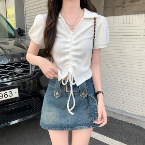 RM2724#华夫格棉T恤女短袖2023年新款短款上衣夏纯色polo领衫