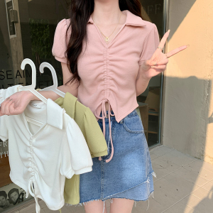 RM2724#华夫格棉T恤女短袖2023年新款短款上衣夏纯色polo领衫