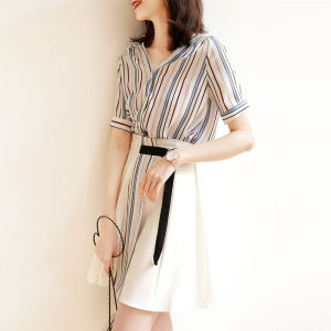 RM5077#温柔减龄条纹雪纺连衣裙女高腰修身大码宽松时尚衬衫两件套装裙女