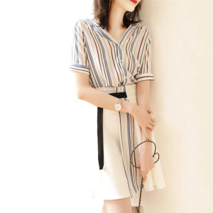 RM5077#温柔减龄条纹雪纺连衣裙女高腰修身大码宽松时尚衬衫两件套装裙女