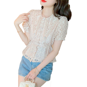RM2701#夏季新款蕾丝衫女洋气百搭泡泡袖镂空收腰显瘦上衣