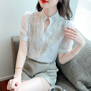 RM2702#夏季新款时尚洋气减龄重工亮片镶钻宽松雪纺衬衫女