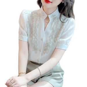 RM2702#夏季新款时尚洋气减龄重工亮片镶钻宽松雪纺衬衫女