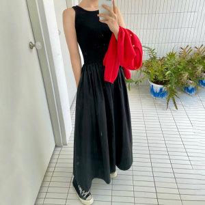 RM3459#韩国chic圆领修身显瘦纯色拼接大摆型背心连衣裙女