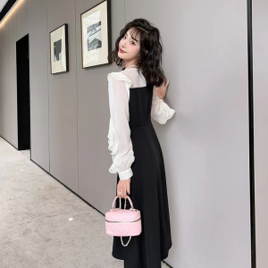 RM2625#新拼接方领连衣裙法式泡泡袖收腰显瘦长裙黑色气质中长裙