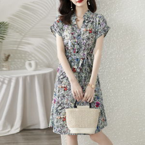 RM4523#新款连衣裙清新印花全棉系带气质显瘦碎花连衣裙