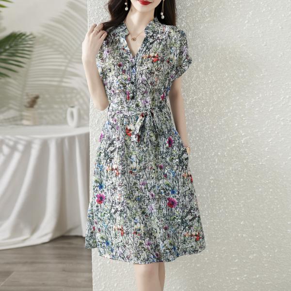 RM4523#新款连衣裙清新印花全棉系带气质显瘦碎花连衣裙