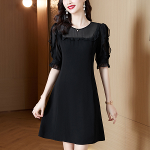 RM4525#法式黑色雪纺连衣裙女短袖2023夏季新款气质收腰中长裙子