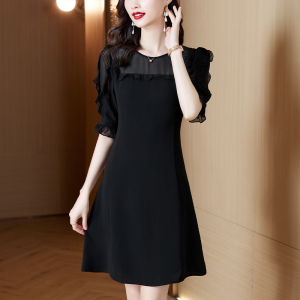 RM4525#法式黑色雪纺连衣裙女短袖2023夏季新款气质收腰中长裙子