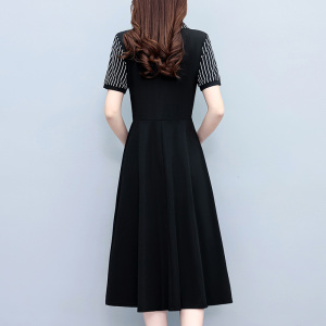 RM9653#气质条纹假两件套大码女装胖mm修身中长款短袖夏季新款连衣裙黑色