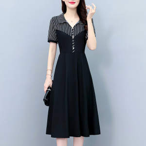 RM9653#气质条纹假两件套大码女装胖mm修身中长款短袖夏季新款连衣裙黑色