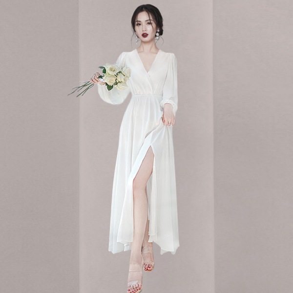 RM3254#三亚海边度假裙沙滩裙长款长裙V领灯笼袖白色连衣裙女夏