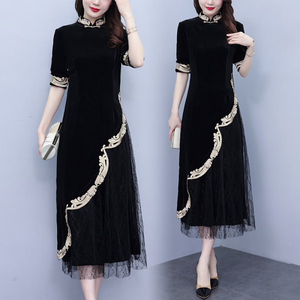 RM4676#大码女装2023夏新款复古时尚改良旗袍显瘦+网纱半身裙两件套