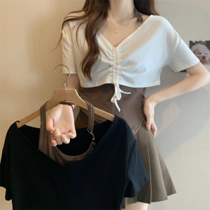 RM3834#夏季新款个性时尚V领真两件吊带抽绳短袖T恤女上衣