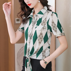 RM5302#短袖印花雪纺衬衫女2023夏季新款气质百搭上衣