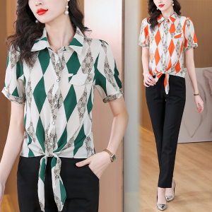 RM5302#短袖印花雪纺衬衫女2023夏季新款气质百搭上衣
