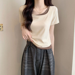 RM3160#假两件方领短袖t恤女夏季设计感小众短款修身显瘦上衣