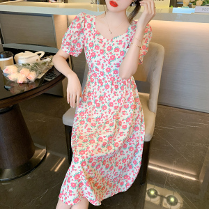 RM5885#夏季气质女装泡泡袖连衣裙后背露腰收腰显瘦碎花连衣裙
