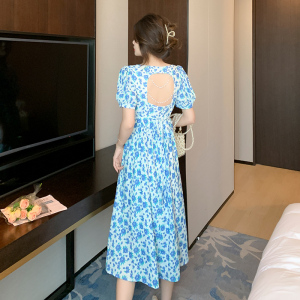 RM5885#夏季气质女装泡泡袖连衣裙后背露腰收腰显瘦碎花连衣裙