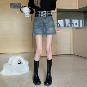 RM9773#黑色草莓娜娜yy家韩版美式辣妹高腰牛仔半身短裙女夏复古A字包臀