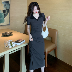 RM13319#夏季赫本风设计感POLO领连衣裙小清新可盐可甜桔梗温柔系修身长裙