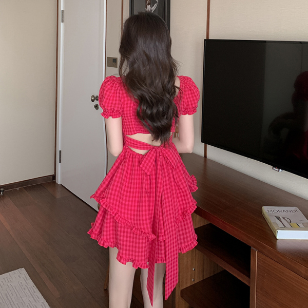 RM10926#玫红色格子露背茶里茶气连衣裙