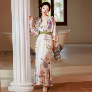 TR18272# 新中式风女晨袍新娘结婚礼服印花连衣裙 服装批发女装服饰货源