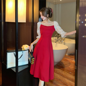 TR15088# 法式温柔风红色连衣裙时尚高级感气质礼服裙中长款连衣裙 服装批发女装服饰货源