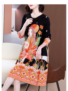 RM5819#春夏新款三宅褶皱妈妈裙子大牌印花钉钻气质宽松显瘦A字裙女