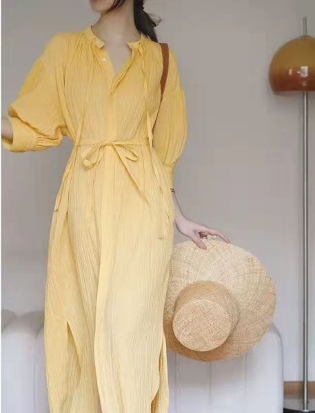 RM3223#时尚轻奢法式V领连衣裙女装 夏季新款纯色系带短袖中长裙