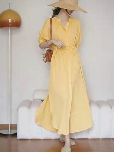 RM3223#时尚轻奢法式V领连衣裙女装 夏季新款纯色系带短袖中长裙