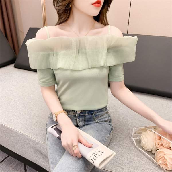 RM2944#夏季新款独特别致t恤短款性感锁骨高级感一字肩短袖女