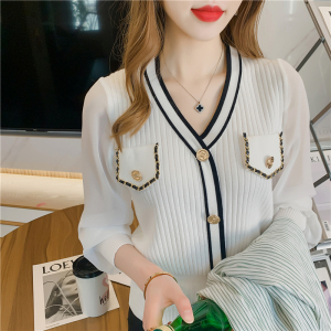RM3897#小香风v领针织打底春装新款时尚气质设计感雪纺拼接长袖开衫