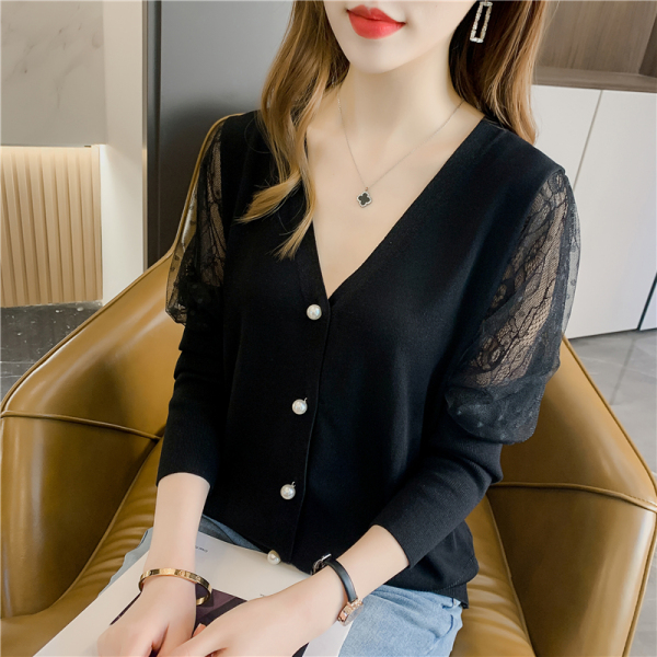 RM3898#小香风v领针织打底春装新款时尚气质设计感蕾丝拼接长袖开衫