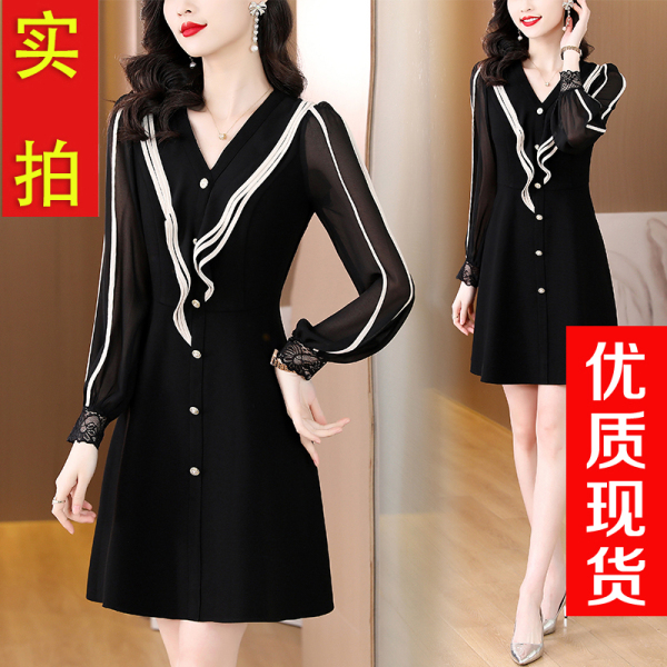 RM22978#连衣裙2023年新款小个子收腰显瘦名媛气质高端雪纺黑色