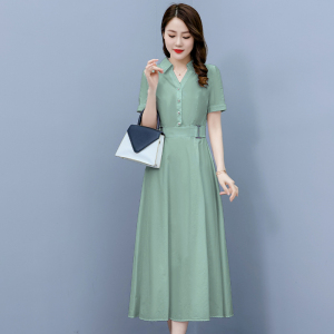 RM5470#夏季新款流行裙子亚麻收腰显瘦气质短袖棉麻连衣裙