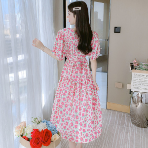 RM4329#夏季植物花卉雪纺淑女甜美V领荷叶边裙小清新连衣裙